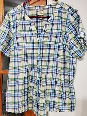 Bass Heritage Collection Plaid Button Front Top Blue Green Cotton Blouse XL
